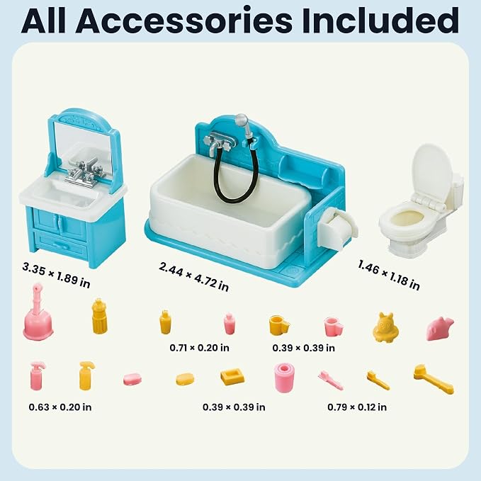 Family Dollhouse Bathroom Set — Bathtub with Hand Shower, Sink with Mirror & Toilet, Soap, Toothbrush & Toilet Paper Roll — Dollhouse Furniture & Accessories for Ages 3+