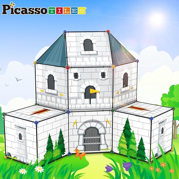 PicassoTiles Fort Building Kit 376 Pieces Kids STEM Educational Learning Construction Play Toy Indoor and Outdoor DIY Build Forts Castles Tents Playhouse with Cloth Cover Print Boy Girl Ages 5+ PTC126