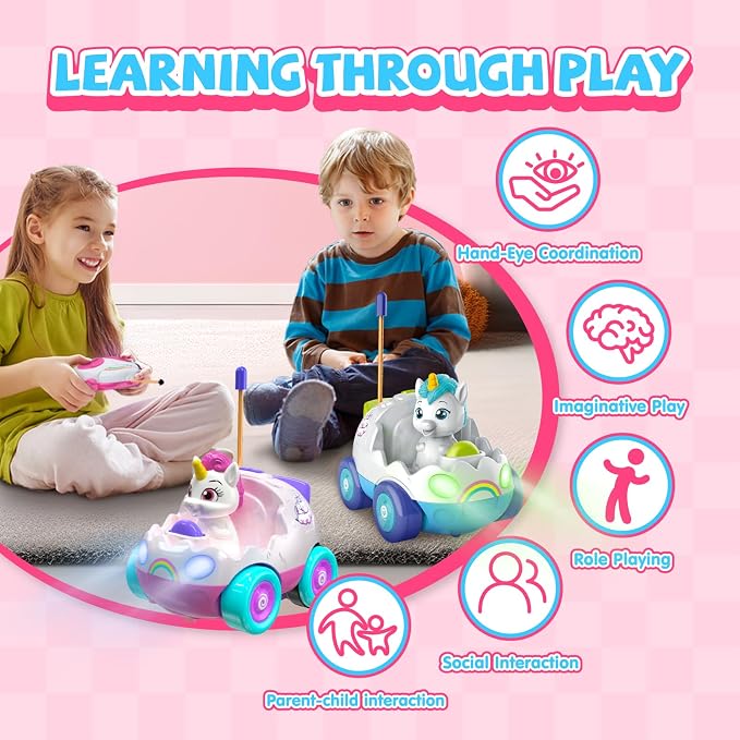 AEROQUEST Unicorn Toys for Girls Remote Control Car for Toddlers 1-3 2 Pack RC Cars with LED Lights & Music Toys for Ages 2-4 Birthday Gifts for 4-6 6-8 Year Old (Unicorn)