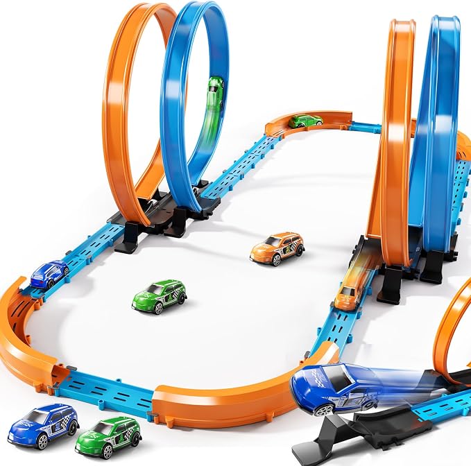 MSKOLER Car Race Track Sets for Kids 3 4 5 6 7 8 9 Years Old - Toy Car Track Set for Boys 3-5 6-8 8-12, Competitive Racing Game with 4 Small Cars, Boys Toy, Gifts Toys Cars for Toddlers Girls 3-8
