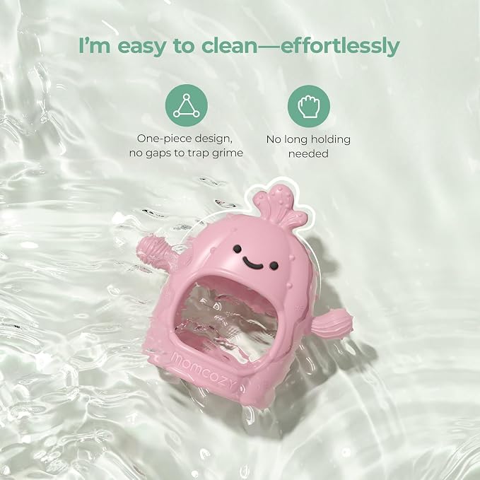 Momcozy Baby Teething Toys, Food Grade Silicone Baby Teether，Teething Mitten for Babies 0–6 Months，Teethers for Babies 6–12 Months，Anti Drop Wrist Teether with Multiple Chew Points， Pink