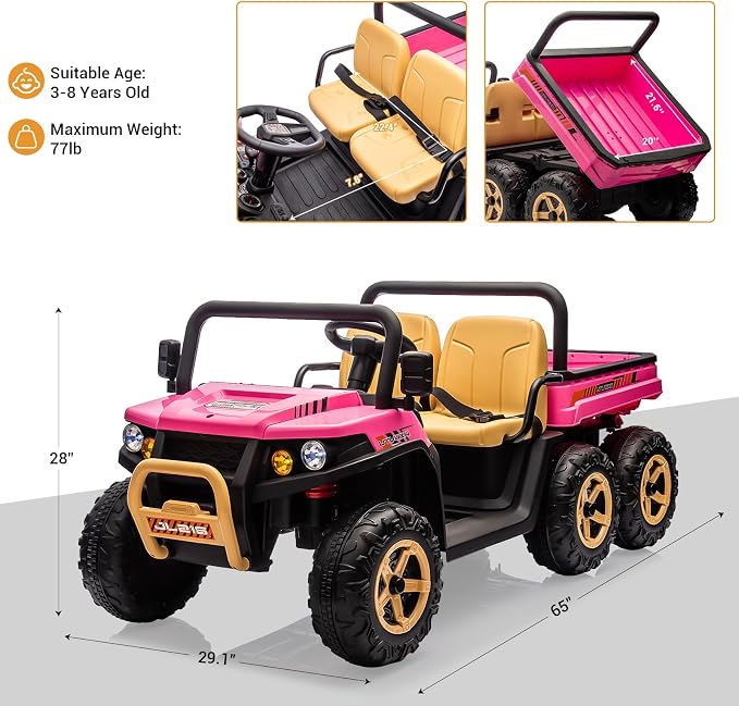 Hetoy 2 Seater Ride on Dump Truck, 24V Electric Vehicle Toys for Kids with Remote Control, Ride on Car with Electric Dump Bed, Toy Shovel, Music, LED Headlights & Spring Suspension- Ages 3+