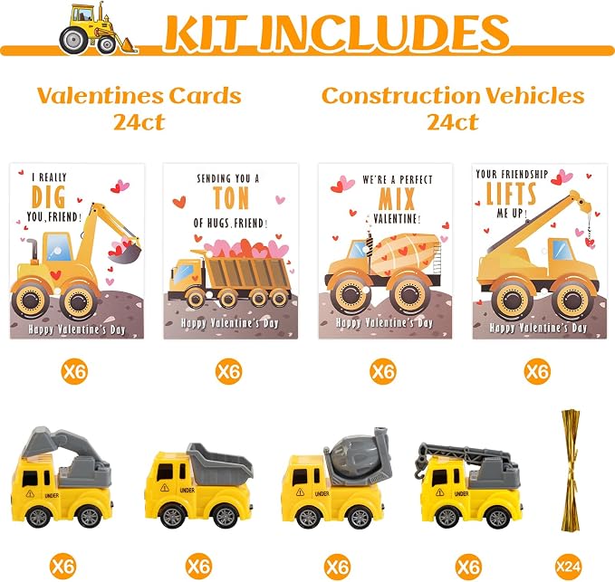 Thigreact Valentines Cards for Kids Classroom - Valentines Day Gifts for Kids - 24 Construction Vehicles Toys Card Bulk - Valentine Exchange Cards for Toddlers Boys School Party Favors