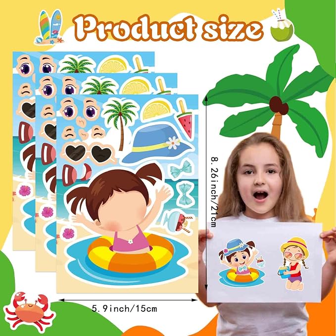 24PCS Summer Stickers for Kids, Make-a-face Stickers, Make Your Own Sticker for Girls Boys, Preschool Holiday Party