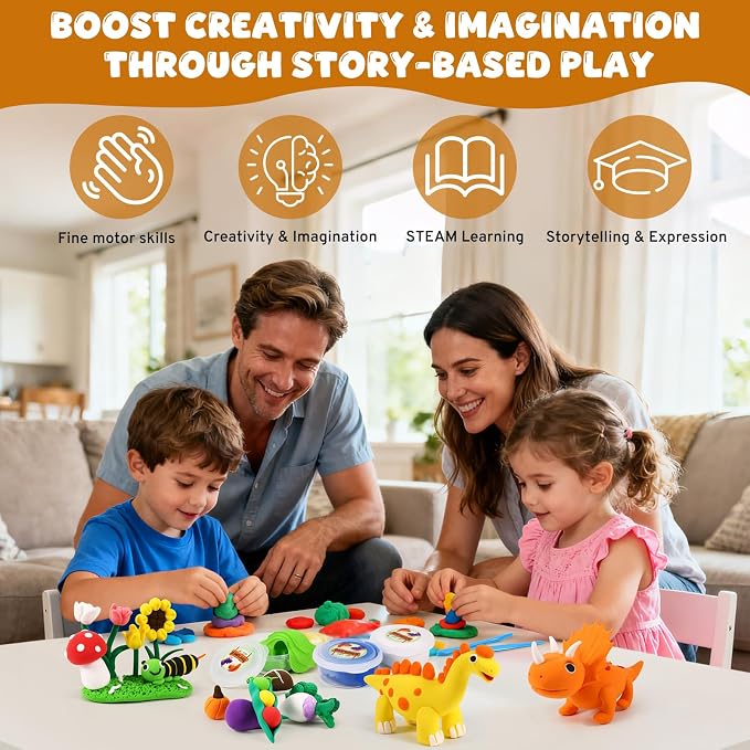 Air Dry Clay Kit for Kids, Modeling Magic Clays, 18 Colors with Storybook, DIY Tutorials, Tools & Scene Cards – Soft, Non-Sticky & Light, Clay Craft Gift for Boys & Girls Ages 3+ (Dinosaur)