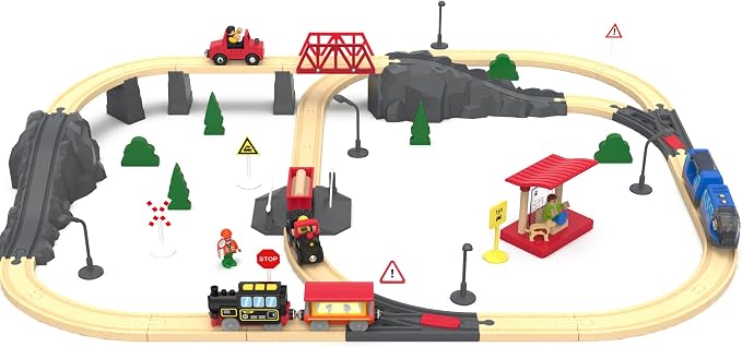 Motorized Train for Wooden Track – Black & Red Steam Locomotive with Flashing Carriage that Reveals Passenger Images, Lights & Sounds, Compatible with Thomas & Brio, Gift for Toddlers 3+