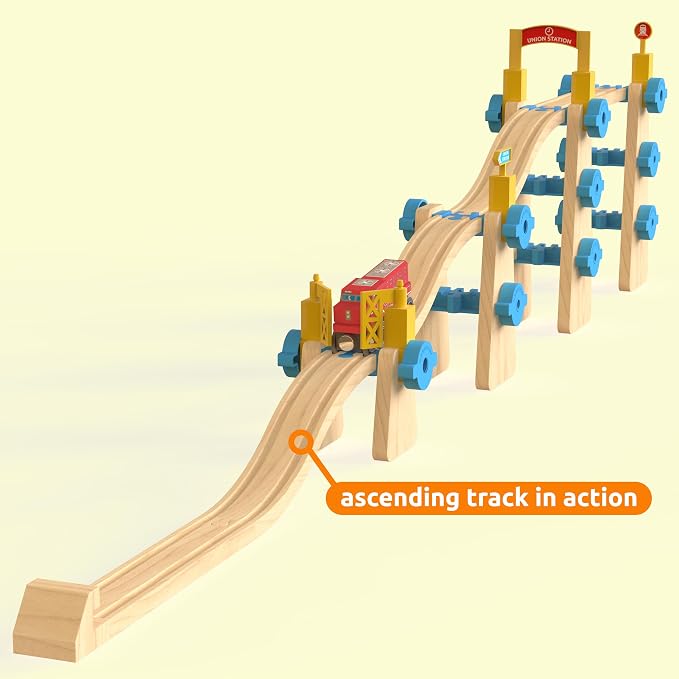 ORBRIUM Premium Wooden Train Ascending Tracks, Pack of 8 Wooden Train Tracks Accessories for Toy Train Set Compatible with All Major Railways Thomas, Brio, IKEA, Melissa and Doug