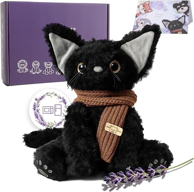 KOWSI® Microwavable Heating Pad Black Cat Plush - Weighted Stuffed Animal Toy with Tourmaline Beads & Lavender - 1.1 lb for Long Lasting Cozy Warmth & Relaxation - Includes Gift Box & Greeting Card