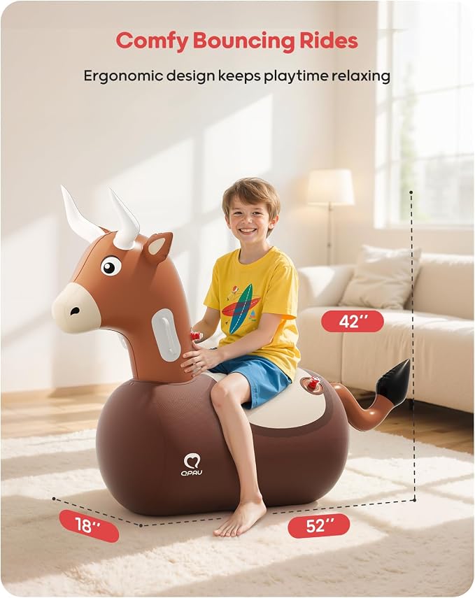 QPAU Large Inflatable Bull Hopper Bouncy Toy, 250lbs High Capacity Ride-on Animal for Kids & Adults, Soft Fabric Cover & Pump, Durable Puncture-Resistant Bouncer for Family Party Gift