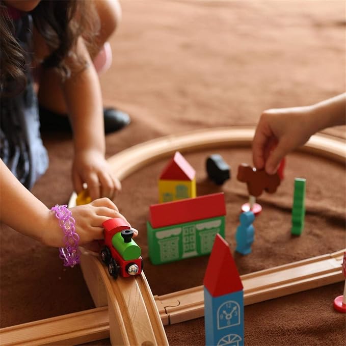 SainSmart Jr. Wooden Train Set for Toddler with Double-Side Train Tracks Fits Brio, Thomas, Melissa and Doug, Kids Wood Toy Train for 3,4,5 Year Old Boys and Girls (Small Town with Container)