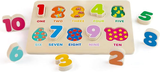 Jasey's Toy Chest Wooden Number Puzzle | 1-10 Numbers Learning Puzzle with Easy-Grip Pieces | Preschool Educational Toy for Toddlers Ages 18+ Months