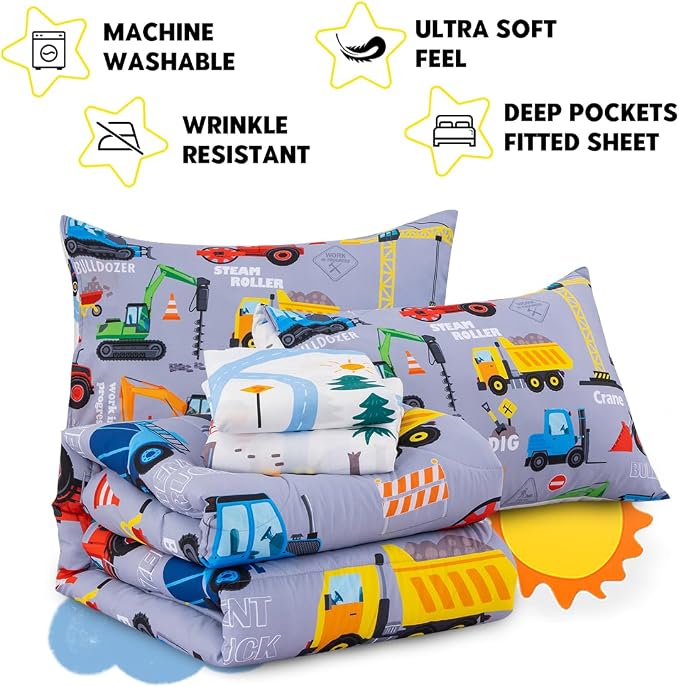 Holawakaka Trucks Tractors Cars Boy Bedding Comforter Set with Sheets, Full Size Cartoon Construction Car Excavator Print Kids Bed in A Bag 5-Piece, Boys Reversible Dorm Bed Sets (Red Full)