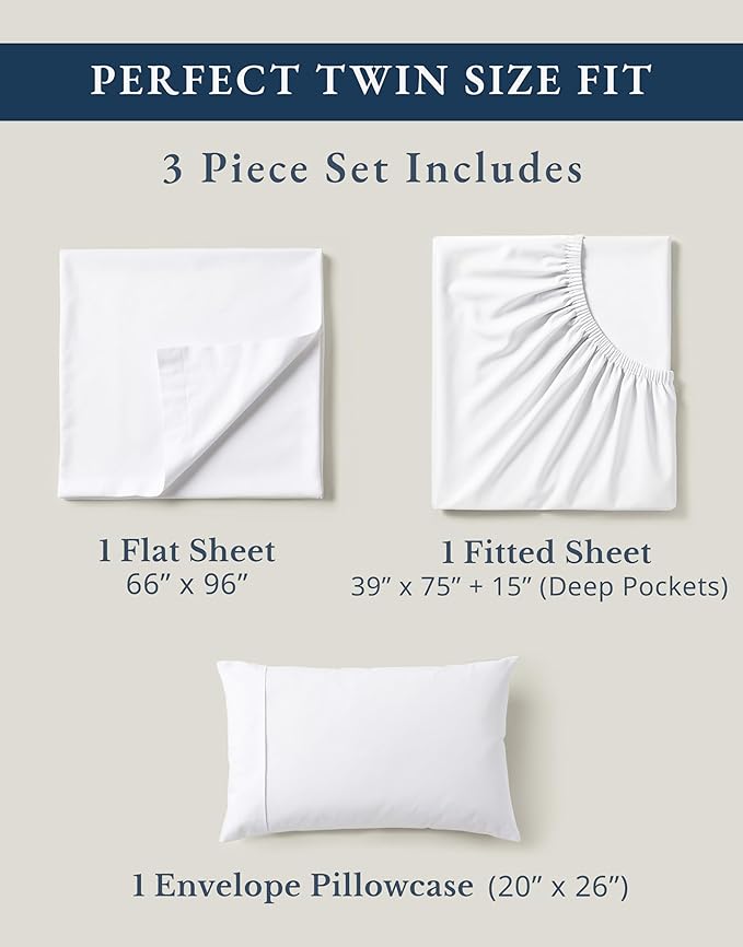 LANE LINEN 100% Organic Cotton Twin Sheets Set, 3Pc Twin Bed Sheets, Soft & Comfy Breathable Cotton Percale Sheets for Twin Size Bed, Dorm Room Essentials Low Pill Fade Resistant White Sheets | Twin Sheet Set, GOTS Certified Organic Cotton Percale - Fo...