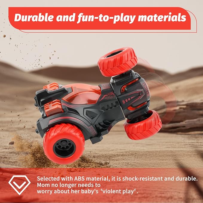 Friction Powered Flip Stunt Car, Push and Go Toy Car with 360° Upright Spin, Dual-Sided Rotating Off-Road Vehicle, Toy Car for Boys & Girls Ages 3+, No Batteries Required, (Red)