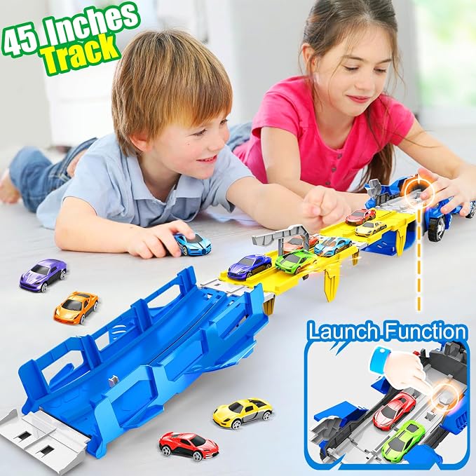 Dinosaur Toys for Kids 3-5, Dinosaur Truck with 6 Cars Toys, Car Track Set, Birthday Gifts Toys for 3 4 5+ Year Old Boys Girls, Transport Carrier Truck for Toddlers, Chritsmas Gifts