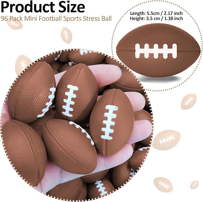 Oleitodh 96 Pcs Mini Football Sports Stress Ball Bulk Mini Foam Sports Ball Kids Adults Football Sports Party Favor Ball Small Relaxable Balls for School Carnival Reward Party Bag Gift Fillers
