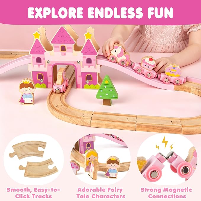 Wooden Train Set for Toddlers 3-5, 40PCS Pink Princess Castle Wooden Train Track Set with Fairies, Girl Toys Age 3-6 Birthday Gift for 3 4 5 Year Old Girls