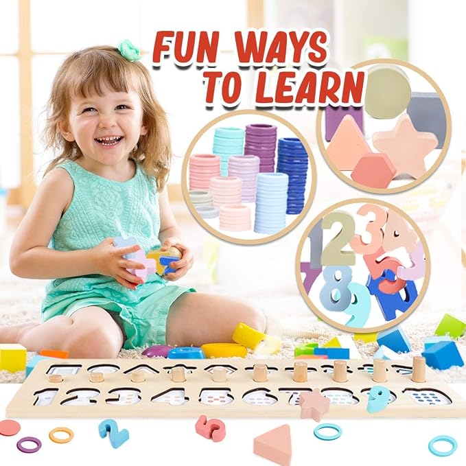 CozyBomB™ Educational Montessori Toys for 1 Year Old Toddlers - Wooden Puzzles Blocks Number Stacking Preschool Learning Activities Shape sorter Math Game Counters Baby Kids Ages 3 4 5 Years Old