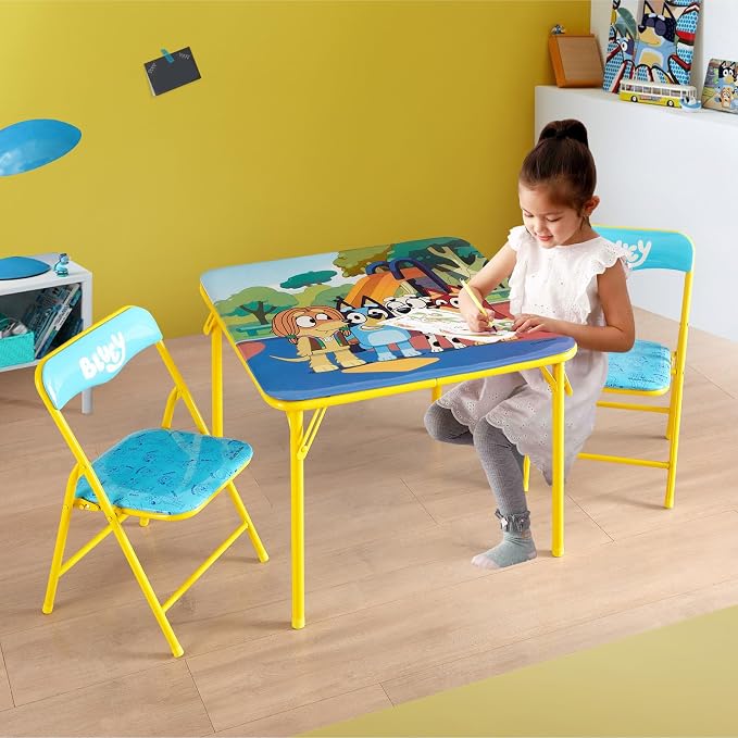 Bluey Kids Table and Chair Set, 3 Piece Folding Activity Set with Square Table & 2 Chairs,Furniture for Playroom, Crafting, Ages 3+