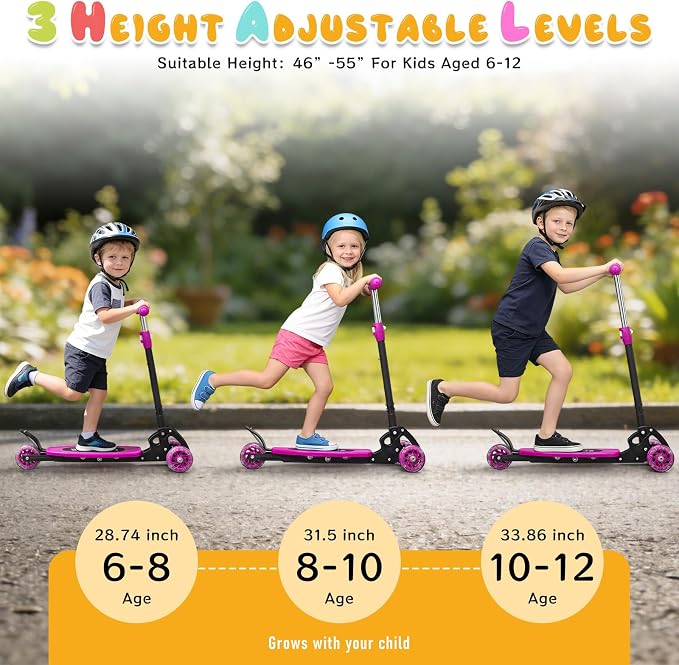 Kick Scooter for Kids Ages 6-12, Stable 3 Wheel Kids Scooter with LED Light-Up Wheels, 3 Adjustable Heights, Lean-to-Steer, Foldable, 6" Extra Wide Deck for Boys and Girls Gifts