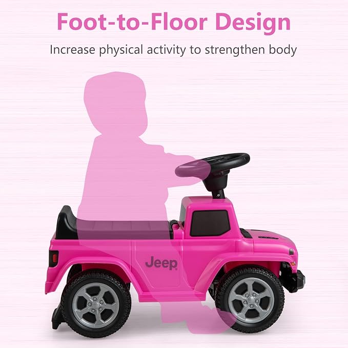 OLAKIDS Ride On Push Car, Licensed Jeep Foot-to-Floor Toddler Sliding Racer with Engine Sound, Horn, Under Seat Storage, Baby Walking Toy Gift for Boys Girls Kids Age 1.5-3 (Pink)