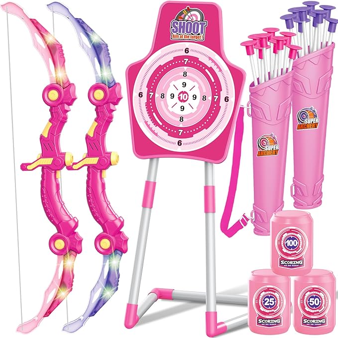 GMAOPHY 2 Pack Bow and Arrow Toy for 5 6 7 8 9 10 11 12 Year Old Boys, Birthday for Kids, Indoor Outdoor Sport Games Toys for Ages 4-8 8-12, LED Light Up Archery Set with 20 Toy Arrows (Pink)