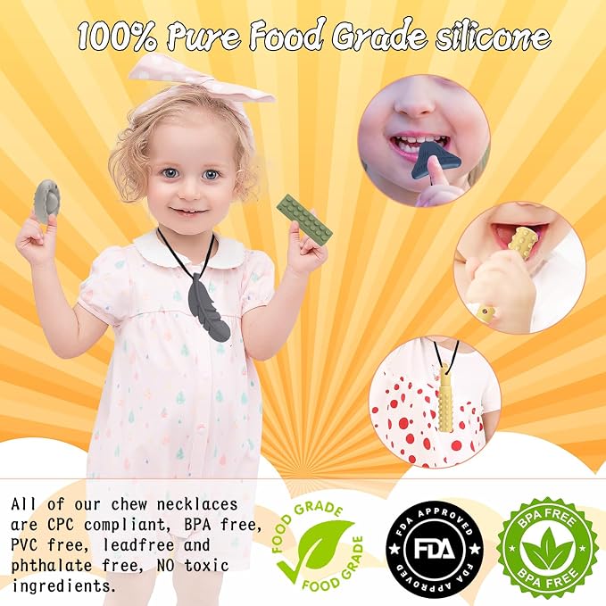 Chew Necklaces for Sensory Kids 7 Packs Children Adults Autism ADHD Chewy Necklace Sensory Teether Silicone Teething Boys and Girls Anxiety Relief to Reduce Fidgeting Stress Oral Fixation