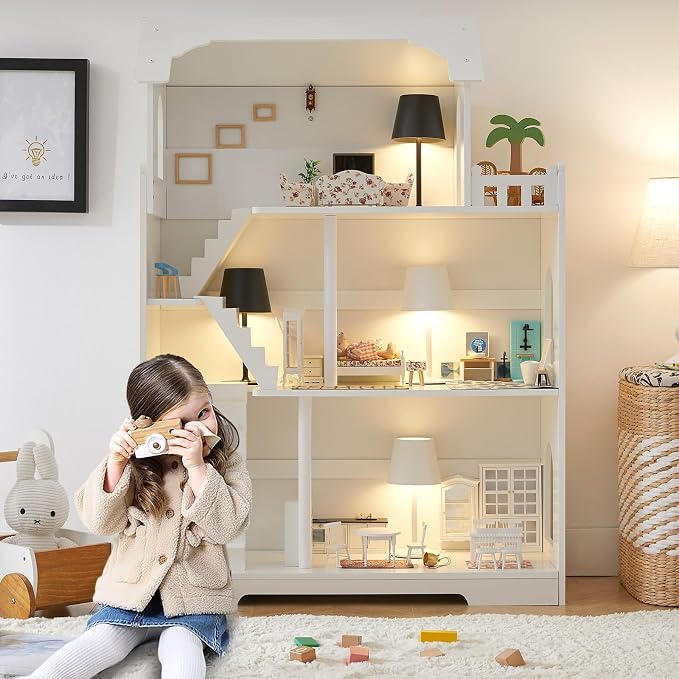 Wooden Dollhouse Bookshelf, 3-Tier Kids Dollhouse Bookcase for Books & Toys Storage Organizer Shelves, Large Doll House for Kids Rooms, Playroom, Nursery, Classroom Gift for Aged 3+