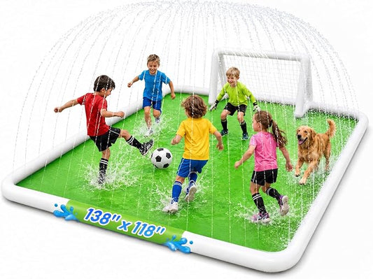 EPN Splash Pad for Kids, 138" x 118" Extra Large Sprinkler Mat with Soccer Goal & Ball, Non-Slip Thick PVC Water Play Mat, Outdoor Backyard Water Toys for Kids Ages 4-8 8-12, Lawn & Summer Fun