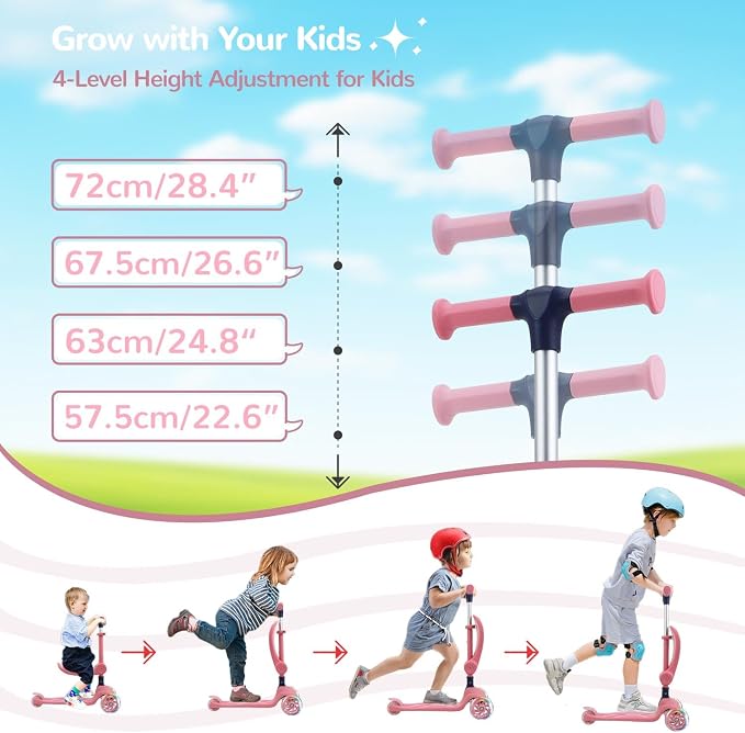 Stompa Kids Scooter 2-in-1 Light Up 3 Wheel Scooters with 4 Levels Adjustable Handlebar, Foldable Seat, Widen Non-Slip Deck for Girls & Boys Max 110 Lbs
