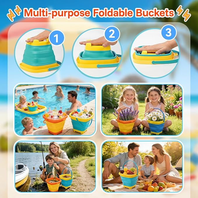 Foldable Beach Bucket and Shovel Set for Kids, 20PCS Sand Toys with Sand Molds (Castle, Dinosaur, Sea Animal) & Mesh Bag, Toddler Collapsible Outdoor Sand Toys for Beach, Sandbox, Pool, Summer Gift