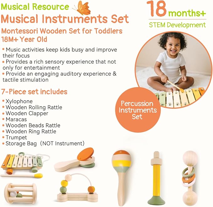 Wooden Musical Instruments for Toddlers 2+ Year Old Montessori Xylophone Maracas Clapper Rattles Trumpet Baby Musical Toys with Storage Bag Gifts for Boys Girls