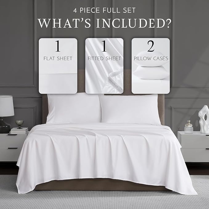 Linen Closet Luxury 1200 Thread Count Full Size Sheets Set, 4 Pieces, Cotton Rich, White, Soft, Durable & Wrinkle Resistant Sateen Sheets, 16" Deep Pocket Fitted Sheet, Home & Hotel Essentials