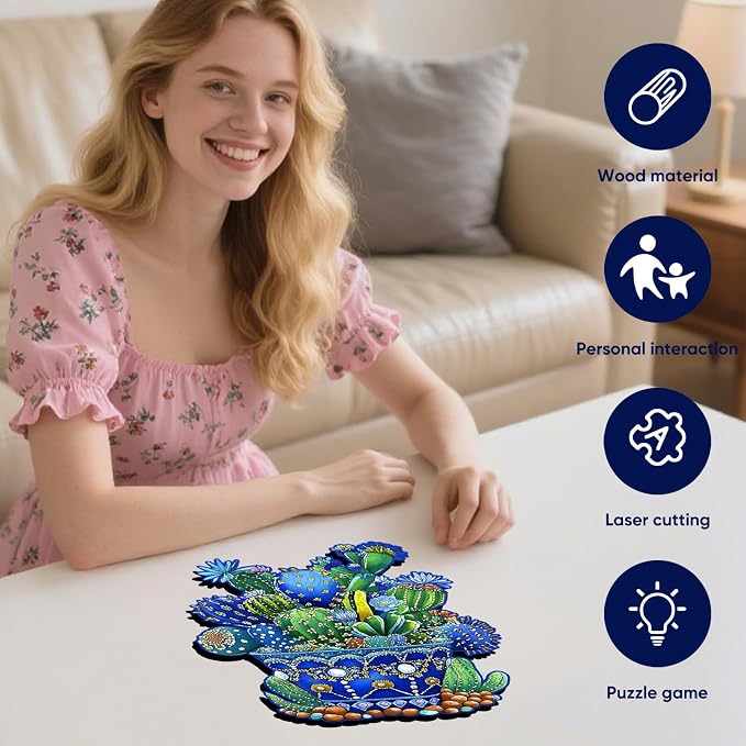 Delobil Puzzles for Adults, 200 Pieces Cactus Jigsaw Puzzles, Unique Shaped Flowers Wooden Puzzles for Adults and Kids, Family Game for Plant Lovers, 8.8 x 11.4 Inches