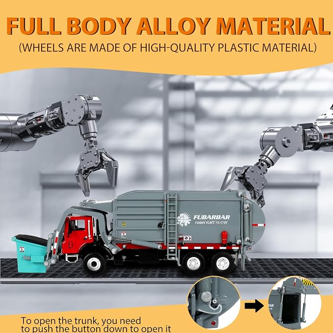 FUBARBAR Truck Toy Model – 1:43 Diecast Metal Garbage Recycling Waste Transport Truck with Trash Bin, Pull Back Model Car Toy for Kids 4-6 Age Boys Birthday Gift (Grey)