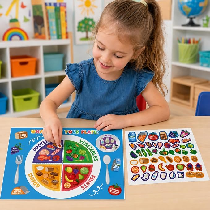 Cinrobiye 24 Set My Plate Food Stickers Preschool Vegetables Fruit Protein Grains Food Diary Early Learning Play Kit My Plate Food Chart Stories Games for Home School Classroom Supplies (Square)
