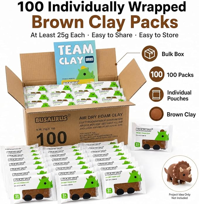 100-Pack Brown Air Dry Foam Clay, 25g Bulk Individually Wrapped Modeling Clay for Teachers, Classroom Nature Crafts, Fall Art Projects, School Art Supplies, Soft Foam Clay Alternative