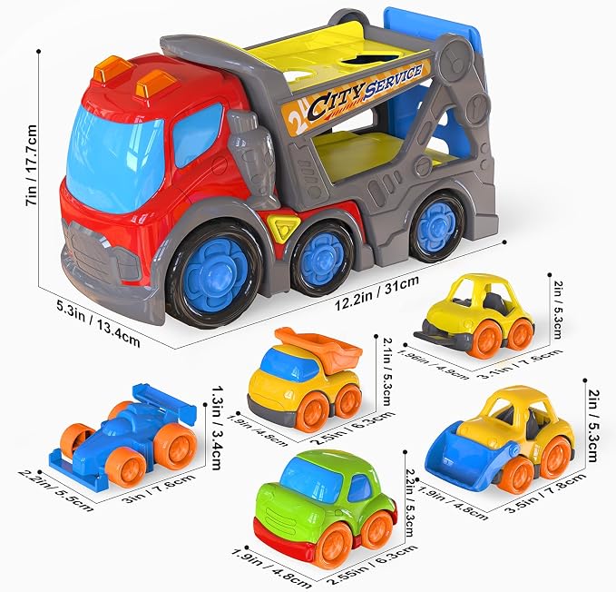 P&C 12.2" Toddler Car Transport Truck Toys for Ages 2-4, Car Carrier Transporter Double-Deck Hauler Truck‌ Toy Set with Sounds Lights for Kids 18M+ 2 3 4 5, Birthday Christmas Gifts for Boys Girls