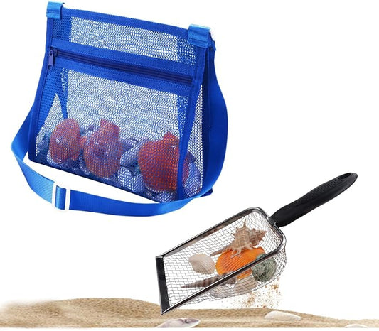 MUYIZI Beach Mesh Shovel with Mesh Shell Bags, Kids Filter Sand Scooper for Picking Up Shells,Shark Tooth Sifter Dipper for Boys and Girls,Beach Toys Accessories (Sapphire Blue)