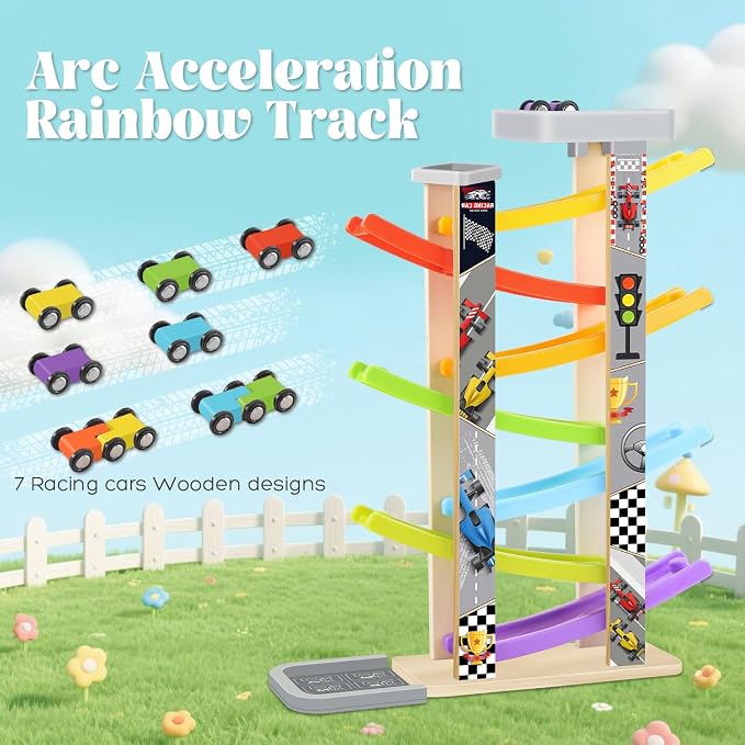 Wooden Car Ramp Toy Set, Montessori Ramp Set Includes 7 Mini Cars and Track — Educational Gift for Boys and Girls 3+ Years Old