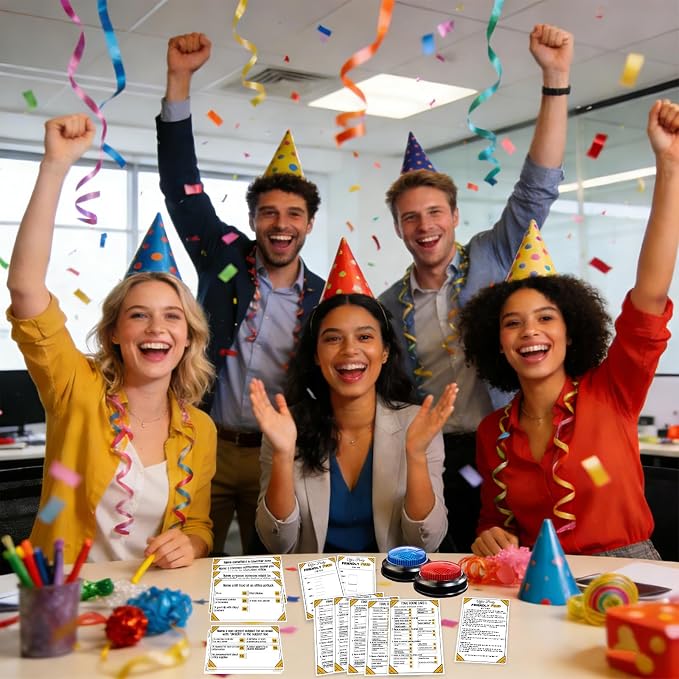 Office Party Friendly Feud Game with 2 Answer Buzzers, Team Building Trivia Quiz Cards for Family Game Night, Work Staff Coworkers Company Groups Holiday Gathering