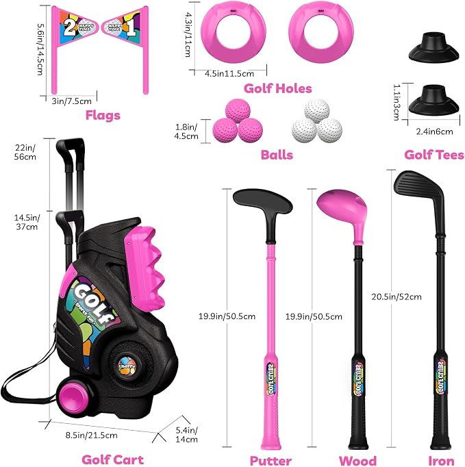 Liberry Toddler Golf Set for Girls Boys 2 3 4 Years Old, Upgraded Kids Golf Cart with Shoulder Strap Design, Outdoor Indoor Sports Toys Birthday Gifts, Black & Pink