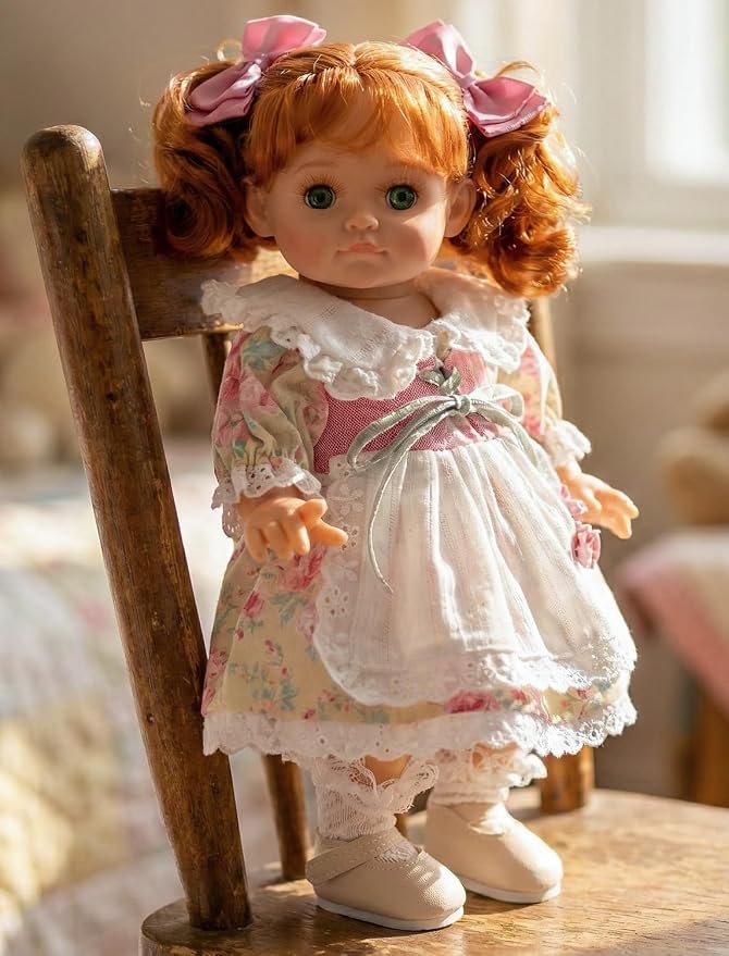Baby Doll, 12 Inch Realistic Reborn Toddler Real Life Baby Dolls with Red Hair in Two Ponytails, Vintage Floral Dress, Premium Collectible Doll Gifts for 3+ Year Old Girls (Small)