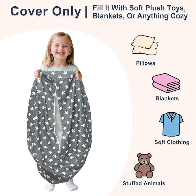 Lukeight Stuffed Animals Storage Bean Bag Chair Cover for Kids, Cozy Velvet Plush Toy Organizer Seat, Cover Only, No Filling Included, Long YKK Zipper, Side Pocket, X-Large 30 x 18 in