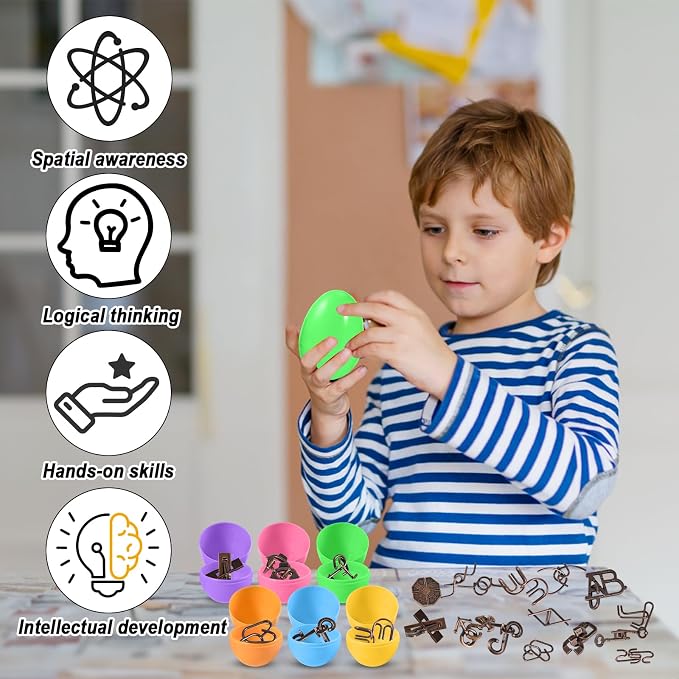 GOLDGE 24 Pack Easter Eggs Filled with Brain Teaser Puzzle Set for Adults & Kids, Ancient Wooden & Metal 3D Puzzles, IQ Logic Games for Easter Basket Stuffers & Party Favors, Egg Hunt, Family Fun