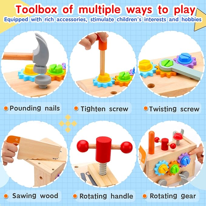 Mgtfbg Kids Tool Set - 29 PCS Wooden Toddler Tool with Box, Montessori STEM Educational Pretend Play Construction Toy for 2 3 4 5 6 Year Old Boys Girls, Best Birthday Gift