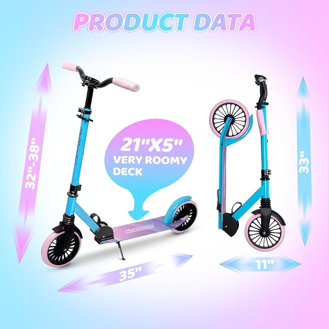 Nattork Kick Scooter for Age 6+ Kids Teens Adults, Max Load 240 LBS, Adjustable Height Foldable with 8" Large Wheels, Anti-Shock Suspension