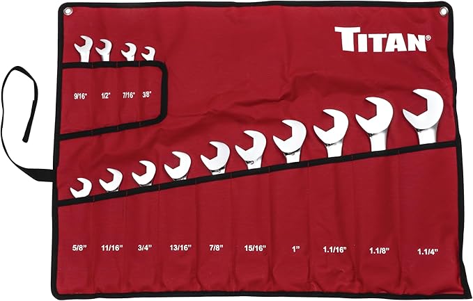 Titan 17283 14-Piece SAE Angle Head Open End Wrench Set, Sizes from 3/8" to 1-1/4", V-Groove Design, Chrome Vanadium Steel Construction