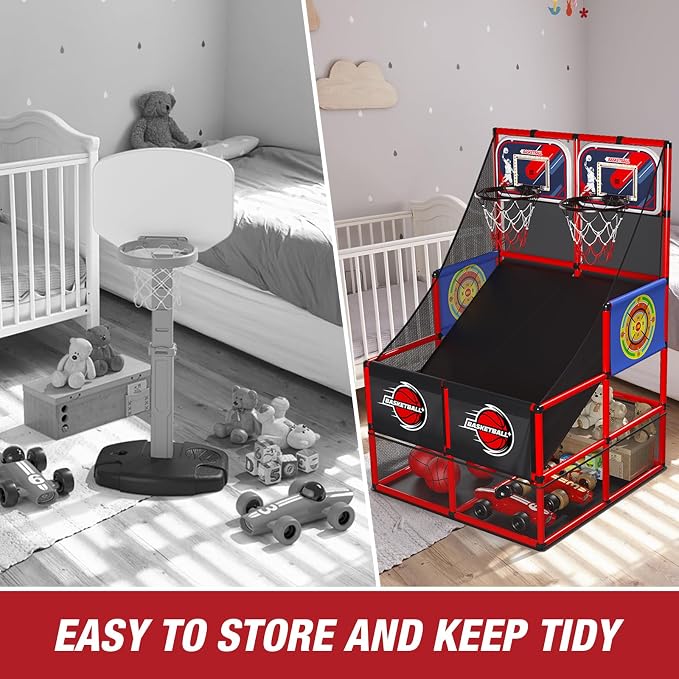 HYES 2 in 1 Dual Shot Basketball Arcade Game with 2 Dart Boards/Electronic Scoreboard/LED Light, Kids Basketball Hoop for Home Indoor Outdoor, Sport Toys for Boys Girls