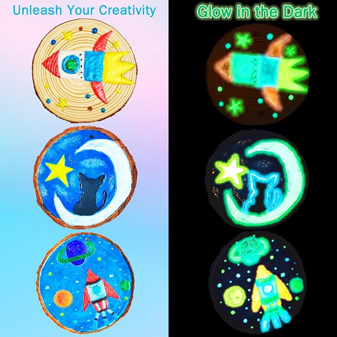 KIRKOTOY Wooden Crafts Kit for Kids-Glow in The Dark-Arts & Crafts Gifts for Boys Girls Age 6-12, 24 Wood Slices with Painting Craft Activities Kits, Creative Art Toys for 6 7 8 9 10 11 12 Year Old